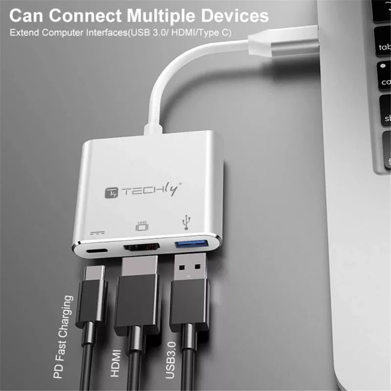Techly IADAP USB31-HDMIPTY klēpjdatora dokstacija/portu replikators, vadu, USB 3.2 Gen 1 (3.1 Gen 1) Type-C, sudraba