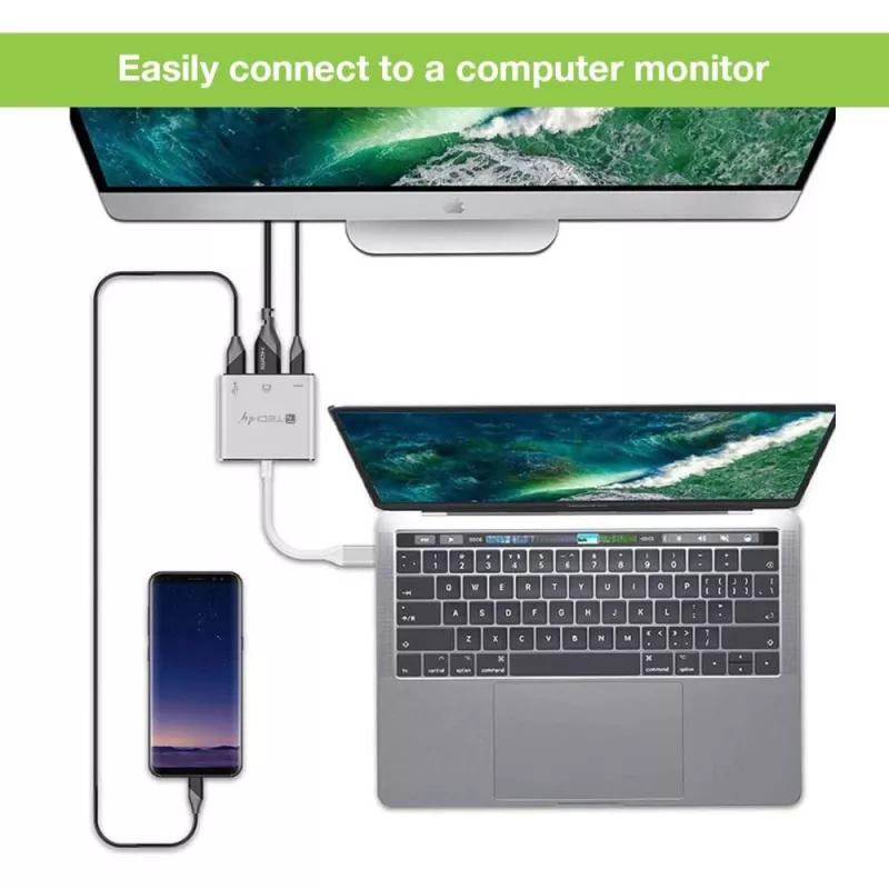 Techly IADAP USB31-HDMIPTY klēpjdatora dokstacija/portu replikators, vadu, USB 3.2 Gen 1 (3.1 Gen 1) Type-C, sudraba
