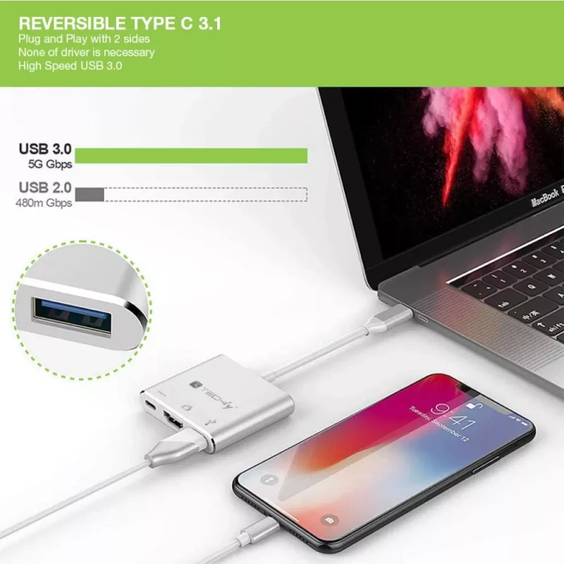 Techly IADAP USB31-HDMIPTY klēpjdatora dokstacija/portu replikators, vadu, USB 3.2 Gen 1 (3.1 Gen 1) Type-C, sudraba