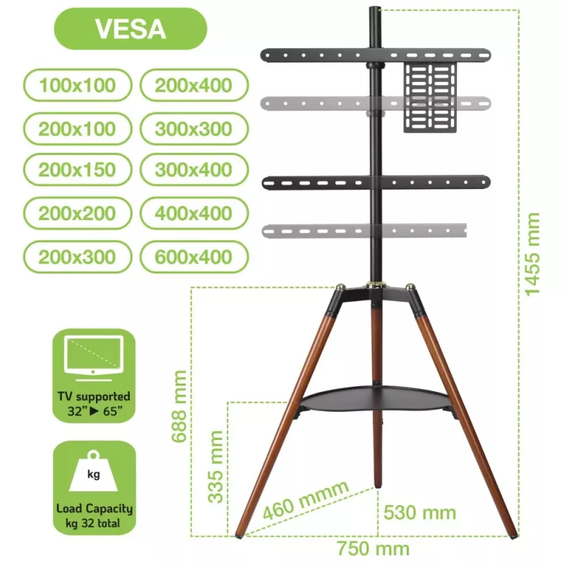Techly ICA-TR58 TV stiprinājums/statīvs 165,1 cm (65 collas) Melns, Koks