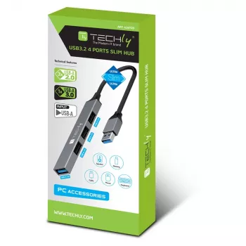 Techly IUSB32-HUB4A-3U2SLS klēpjdatora dokstacija/portu replikators vadu USB 3.2 Gen 1 (3.1 Gen 1) Type-A pelēks