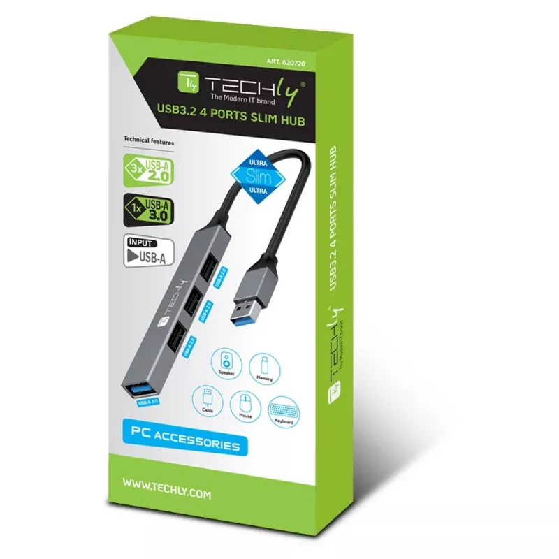 Techly IUSB32-HUB4A-3U2SLS klēpjdatora dokstacija/portu replikators vadu USB 3.2 Gen 1 (3.1 Gen 1) Type-A pelēks