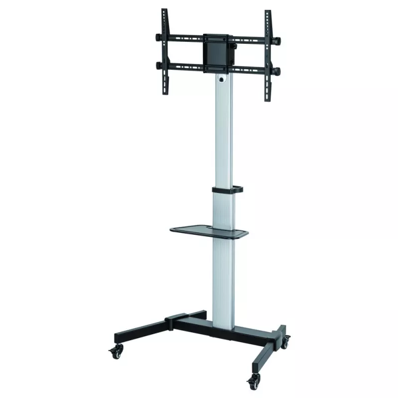 Techly grīdas statīvs ar plauktu un ratiņiem televizoram LCD/LED 37-86 collas, 200 x 200 mm, 600 x 400 mm, -10 - 5°, 180°, alumīnijs, plastmasa, tērauds, melna, pelēka