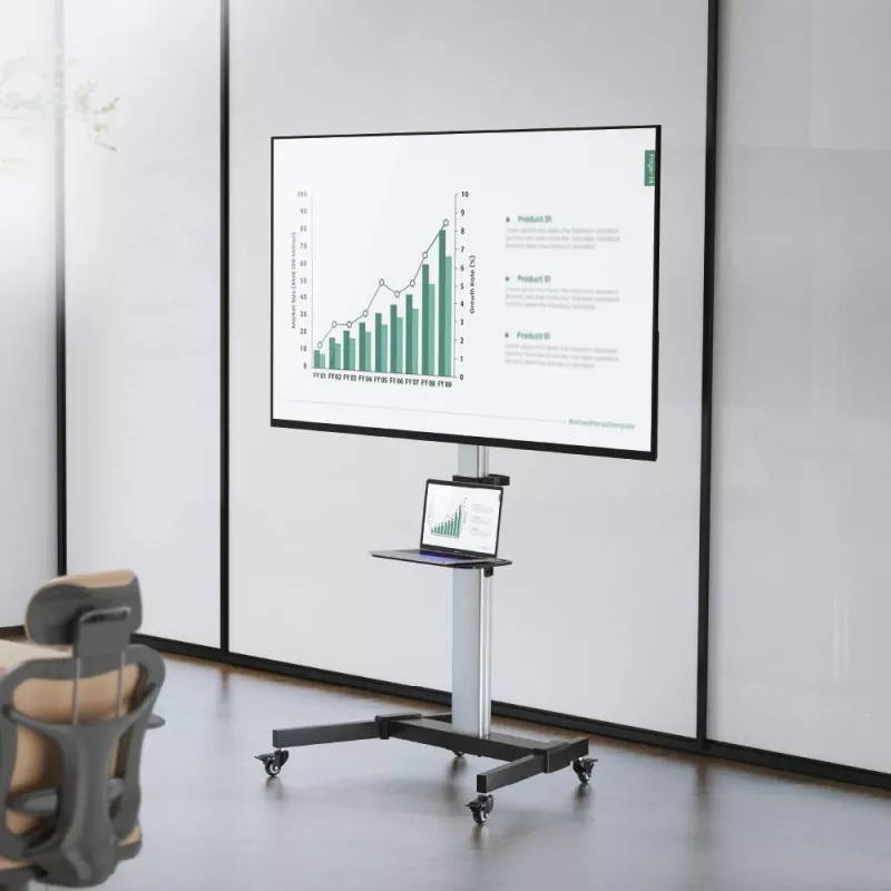 Techly grīdas statīvs ar plauktu un ratiņiem televizoram LCD/LED 37-86 collas, 200 x 200 mm, 600 x 400 mm, -10 - 5°, 180°, alumīnijs, plastmasa, tērauds, melna, pelēka