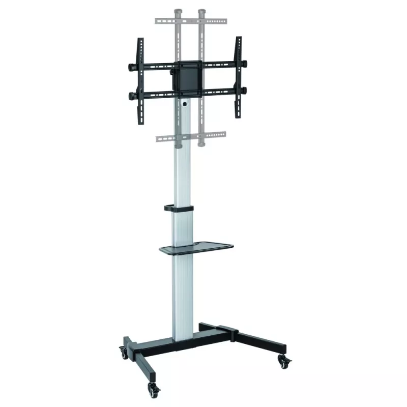 Techly grīdas statīvs ar plauktu un ratiņiem televizoram LCD/LED 37-86 collas, 200 x 200 mm, 600 x 400 mm, -10 - 5°, 180°, alumīnijs, plastmasa, tērauds, melna, pelēka