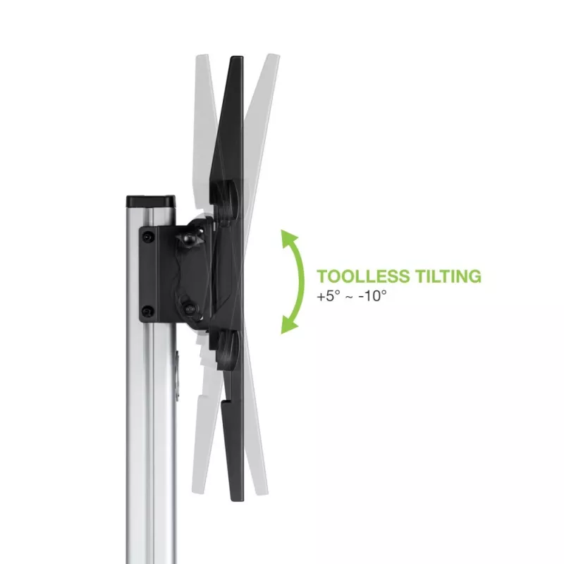 Techly grīdas statīvs ar plauktu un ratiņiem televizoram LCD/LED 37-86 collas, 200 x 200 mm, 600 x 400 mm, -10 - 5°, 180°, alumīnijs, plastmasa, tērauds, melna, pelēka