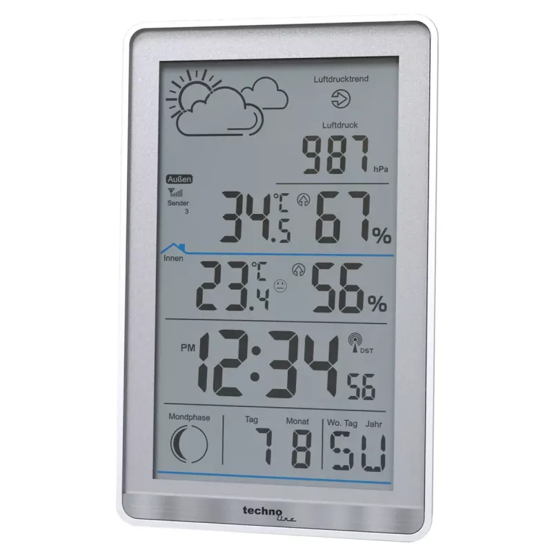 Digitālā meteoroloģiskā stacija TechnoLine WS 9218 — balta, iekštelpu/āra termometrs, higrometrs, barometrs, darbojas ar baterijām