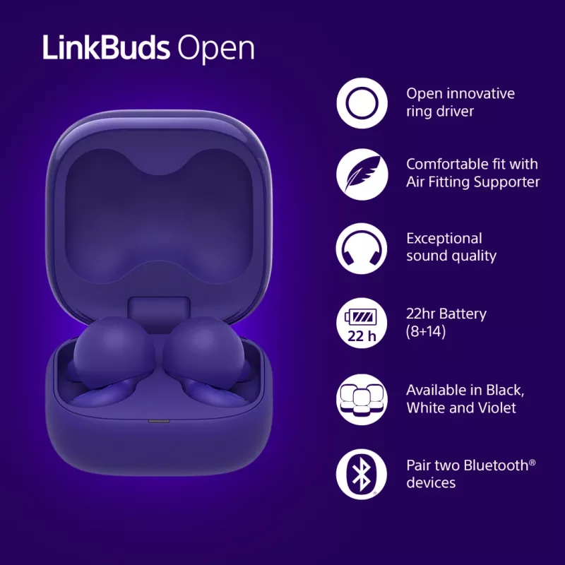 Sony LinkBuds Open WFL910V austiņas/austiņu komplekts Bezvadu Ievietojamās Zvani/Mūzika Bluetooth Violeta