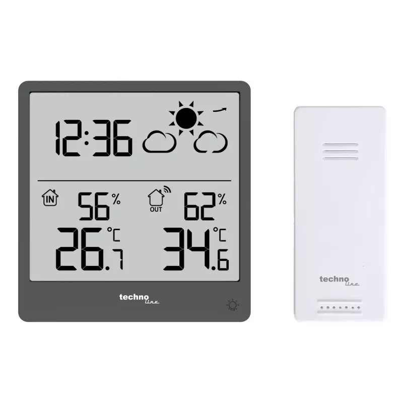 Digitāla meteoroloģiskā stacija TechnoLine WS 9138 — iekštelpu/āra termometrs un higrometrs, pelēka, AAA baterijas