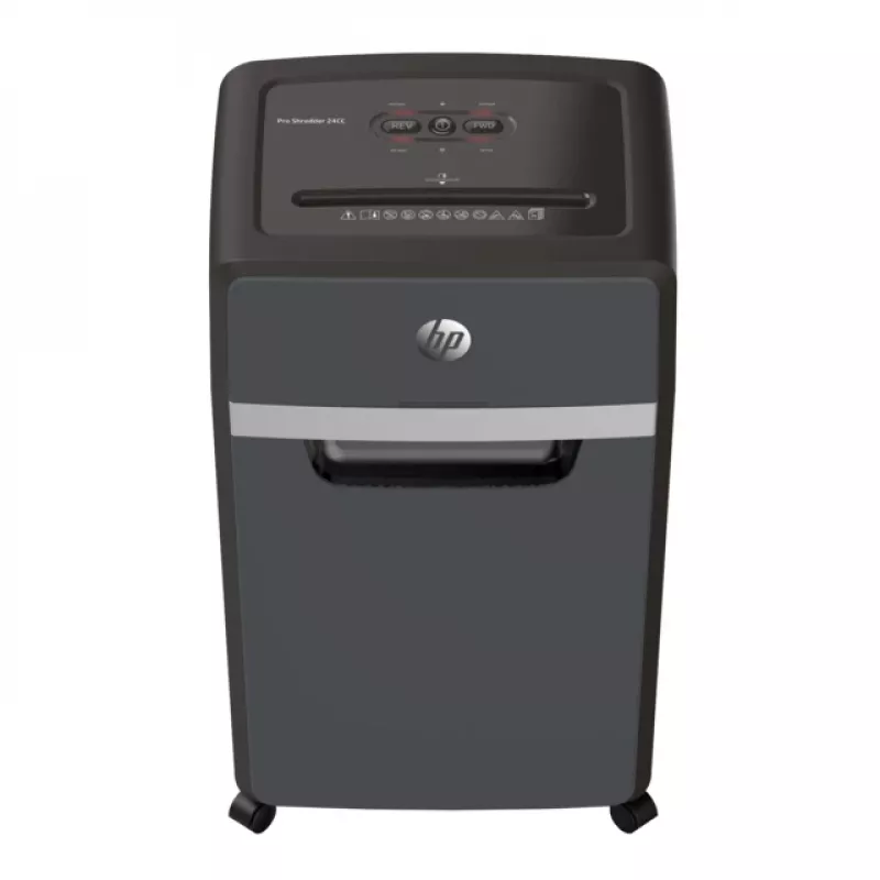 Papīra smalcinātājs HP Pro Shredder 24CC — daļiņveida griezums, 24 lapu ietilpība, 4 x 35 mm, 30 L tvertne, 680 W, 220 mm padeve, melns