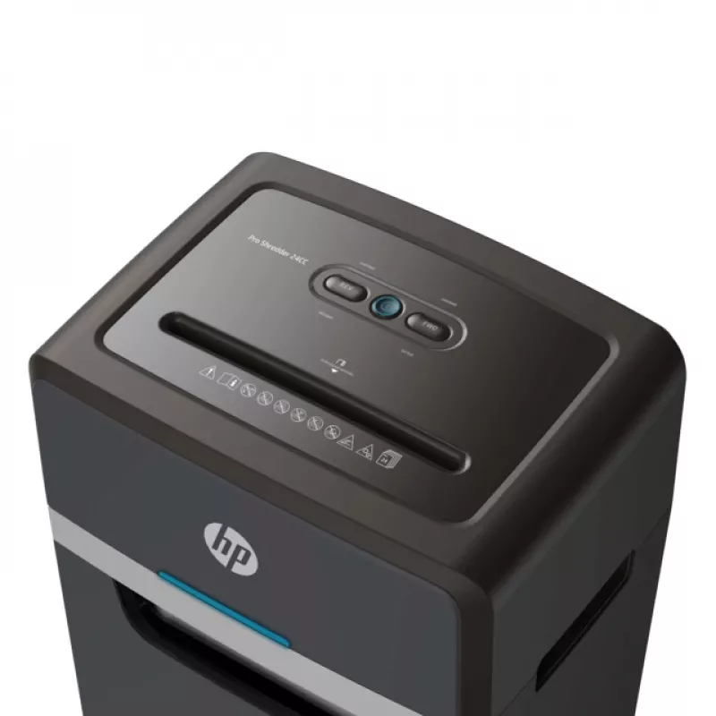 Papīra smalcinātājs HP Pro Shredder 24CC — daļiņveida griezums, 24 lapu ietilpība, 4 x 35 mm, 30 L tvertne, 680 W, 220 mm padeve, melns