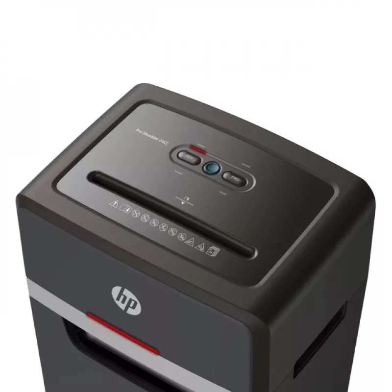 Papīra smalcinātājs HP Pro Shredder 24CC — daļiņveida griezums, 24 lapu ietilpība, 4 x 35 mm, 30 L tvertne, 680 W, 220 mm padeve, melns