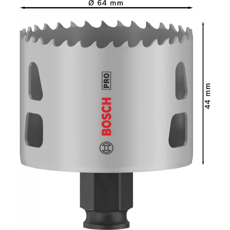 Kroņurbis Bosch PRO Multi Material PC Plus 44/64 mm — Viens, 44–64 mm diametrs, urbjam, sausajam apmetumam/metālam/plastmasai/mīkstajam kokam
