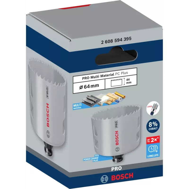 Kroņurbis Bosch PRO Multi Material PC Plus 44/64 mm — Viens, 44–64 mm diametrs, urbjam, sausajam apmetumam/metālam/plastmasai/mīkstajam kokam