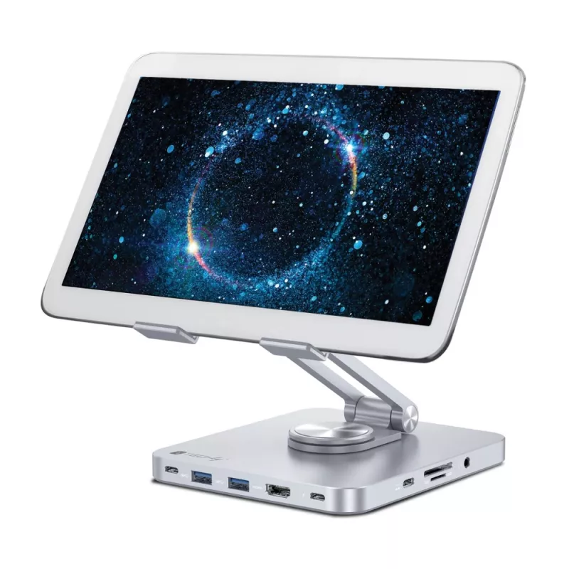 Techly 8-in-1 USB-C Hub Docking Station Tablet Stand, planšetdatora statīvs, sudraba krāsa, alumīnijs, 360°, USB 3.2 Gen 1 (3.1 Gen 1) Type-C, 5000 Mbit/s