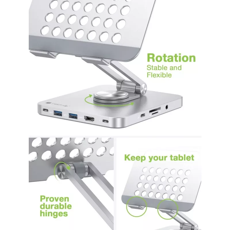 Techly 8-in-1 USB-C Hub Docking Station Tablet Stand, planšetdatora statīvs, sudraba krāsa, alumīnijs, 360°, USB 3.2 Gen 1 (3.1 Gen 1) Type-C, 5000 Mbit/s