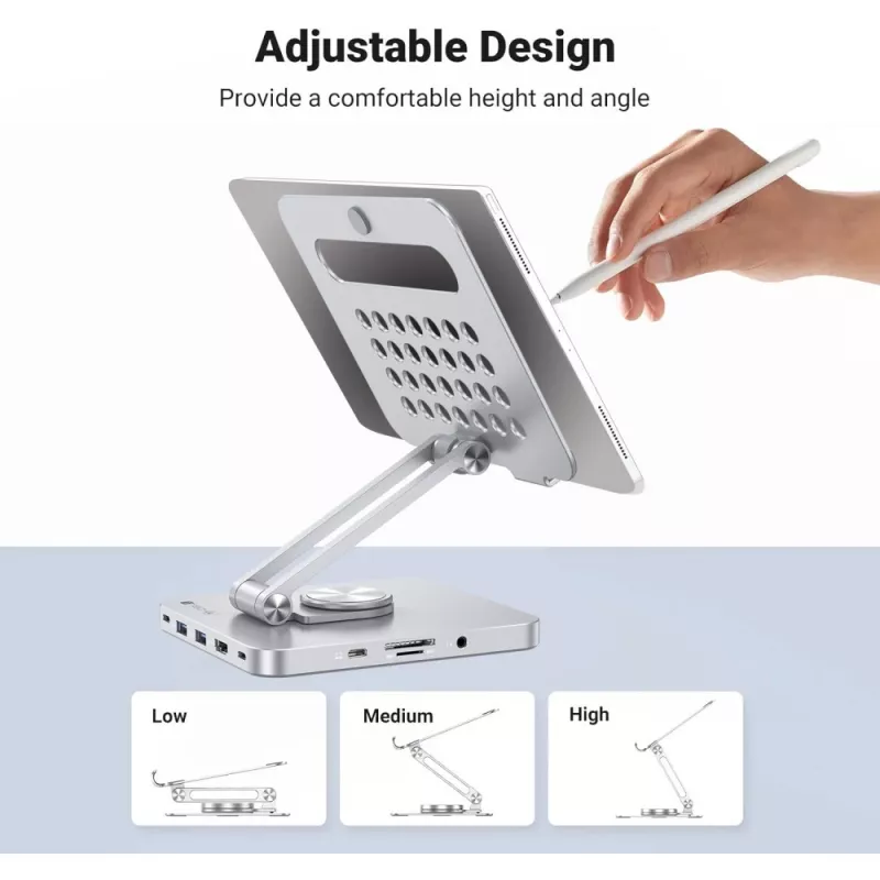 Techly 8-in-1 USB-C Hub Docking Station Tablet Stand, planšetdatora statīvs, sudraba krāsa, alumīnijs, 360°, USB 3.2 Gen 1 (3.1 Gen 1) Type-C, 5000 Mbit/s
