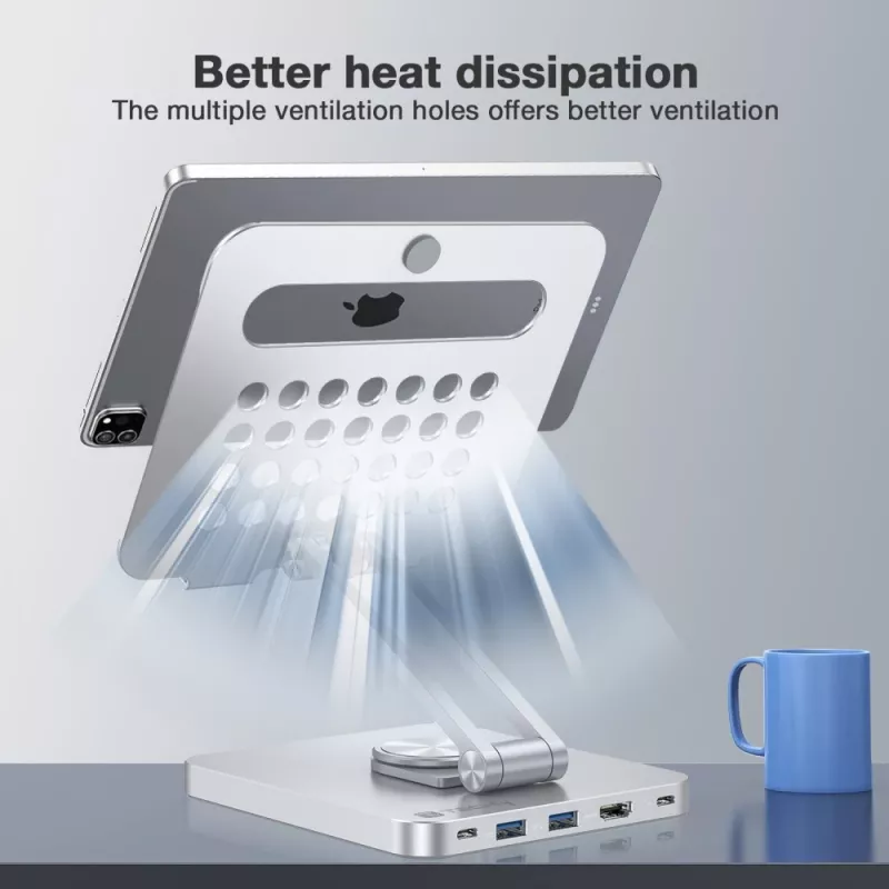 Techly 8-in-1 USB-C Hub Docking Station Tablet Stand, planšetdatora statīvs, sudraba krāsa, alumīnijs, 360°, USB 3.2 Gen 1 (3.1 Gen 1) Type-C, 5000 Mbit/s