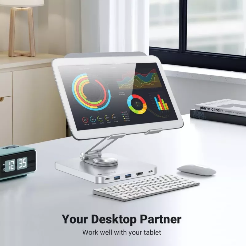 Techly 8-in-1 USB-C Hub Docking Station Tablet Stand, planšetdatora statīvs, sudraba krāsa, alumīnijs, 360°, USB 3.2 Gen 1 (3.1 Gen 1) Type-C, 5000 Mbit/s