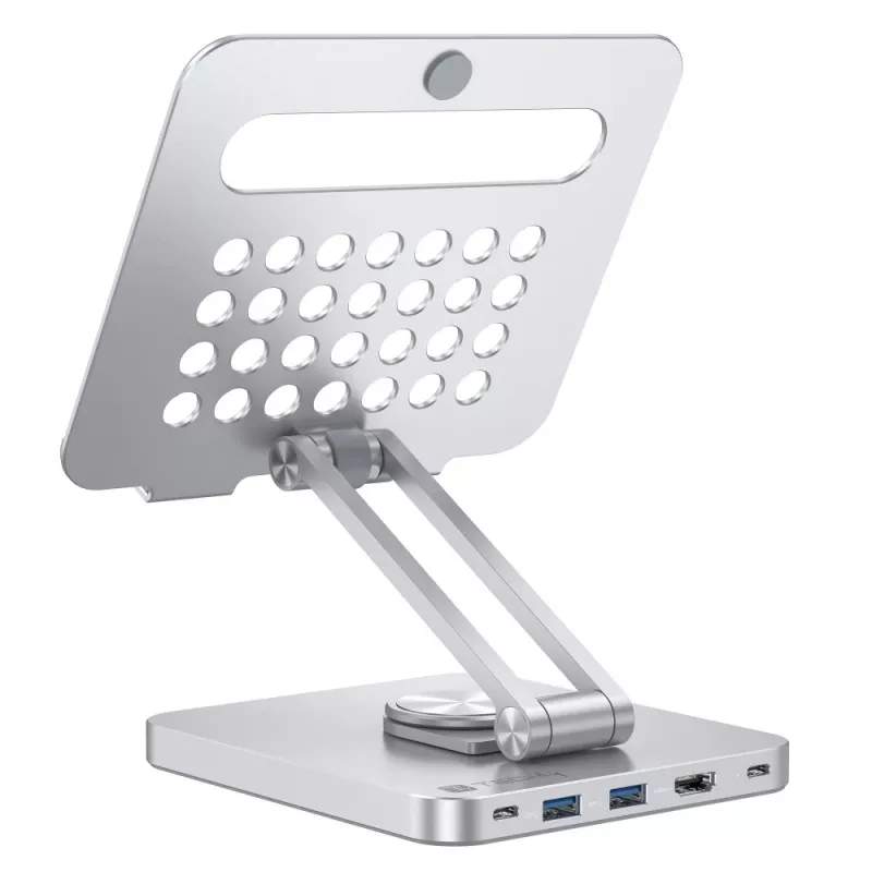 Techly 8-in-1 USB-C Hub Docking Station Tablet Stand, planšetdatora statīvs, sudraba krāsa, alumīnijs, 360°, USB 3.2 Gen 1 (3.1 Gen 1) Type-C, 5000 Mbit/s