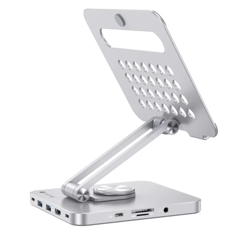 Techly 8-in-1 USB-C Hub Docking Station Tablet Stand, planšetdatora statīvs, sudraba krāsa, alumīnijs, 360°, USB 3.2 Gen 1 (3.1 Gen 1) Type-C, 5000 Mbit/s
