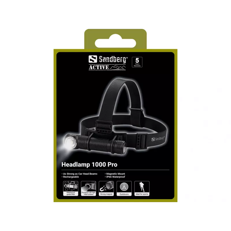 Sandberg Headlamp 1000 Pro, galvas lukturītis, melns, alumīnijs, IP66, LED, 25 lm
