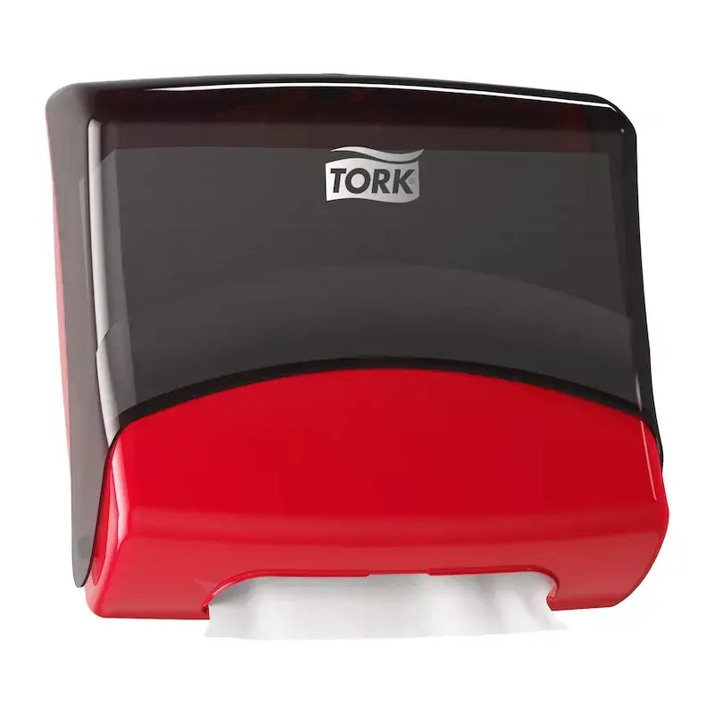 Papīra dvieļu dozators Tork 654008 — pie sienas stiprināms, platums 427 mm, dziļums 206 mm, augstums 394 mm, sarkans