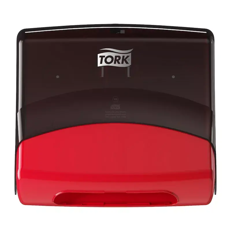 Papīra dvieļu dozators Tork 654008 — pie sienas stiprināms, platums 427 mm, dziļums 206 mm, augstums 394 mm, sarkans
