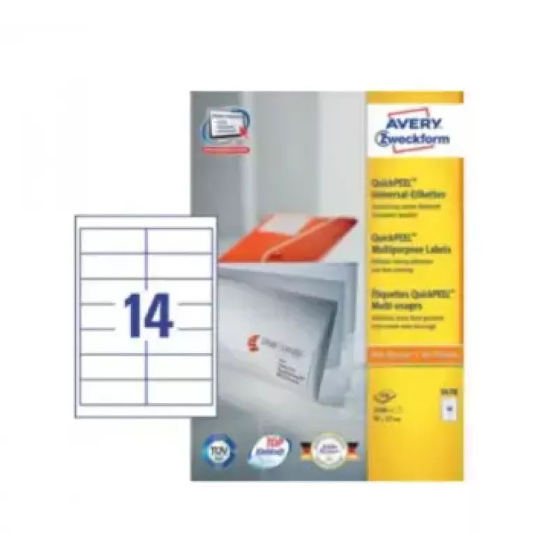 Pašlīmējošās adrešu uzlīmes Avery Zweckform 3678 — balts papīrs, 9.7×3.7 cm, 1400 uzlīmes (100 lapas)