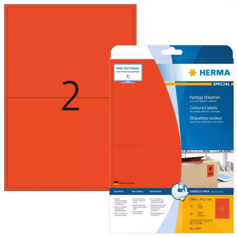 Pašlīmējošās printera etiķetes HERMA Coloured Labels A4 199,6x143,5 mm sarkanas papīra matētas 40 gab.
