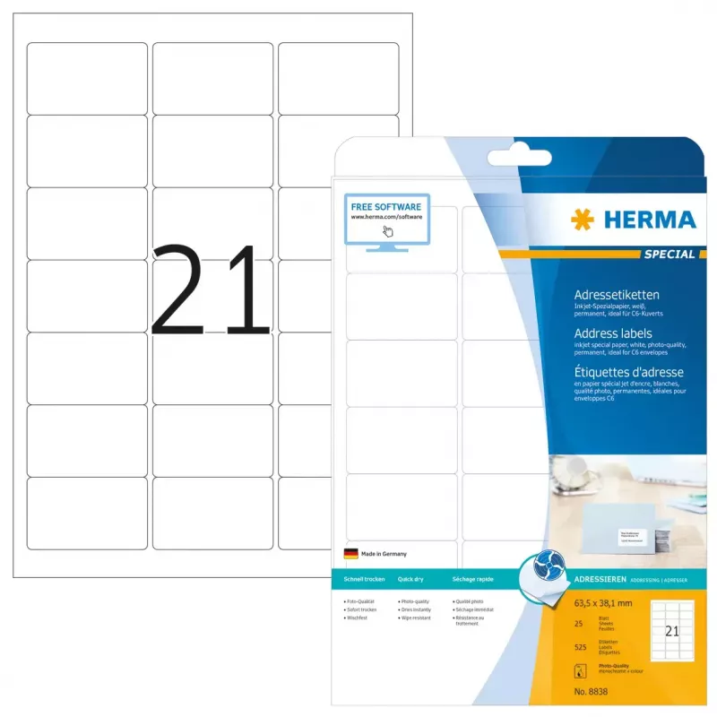 Tintes printera adrešu uzlīmes HERMA 8838 A4 63,5x38,1 mm 525 gab.