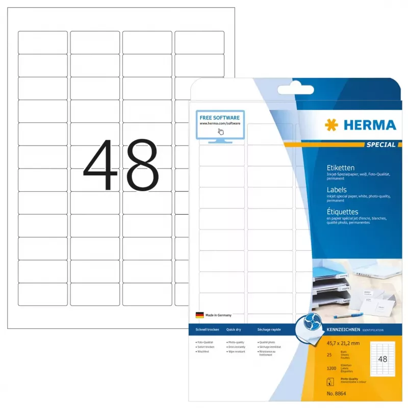Inkjet labels HERMA A4 45.7x21.2 mm balta paper matt 1200 pcs