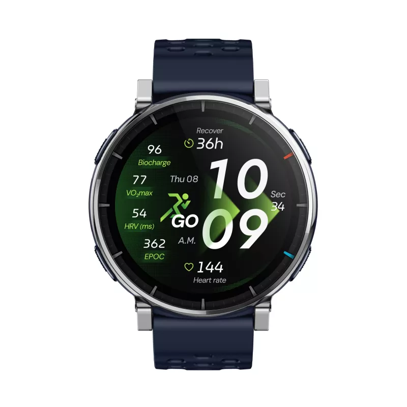Viedpulkstenis Amazfit W2558GL2N — 1,32 collu (3,35 cm) AMOLED 466×466 px, GPS, 365 mAh, silikona siksniņa (zila)