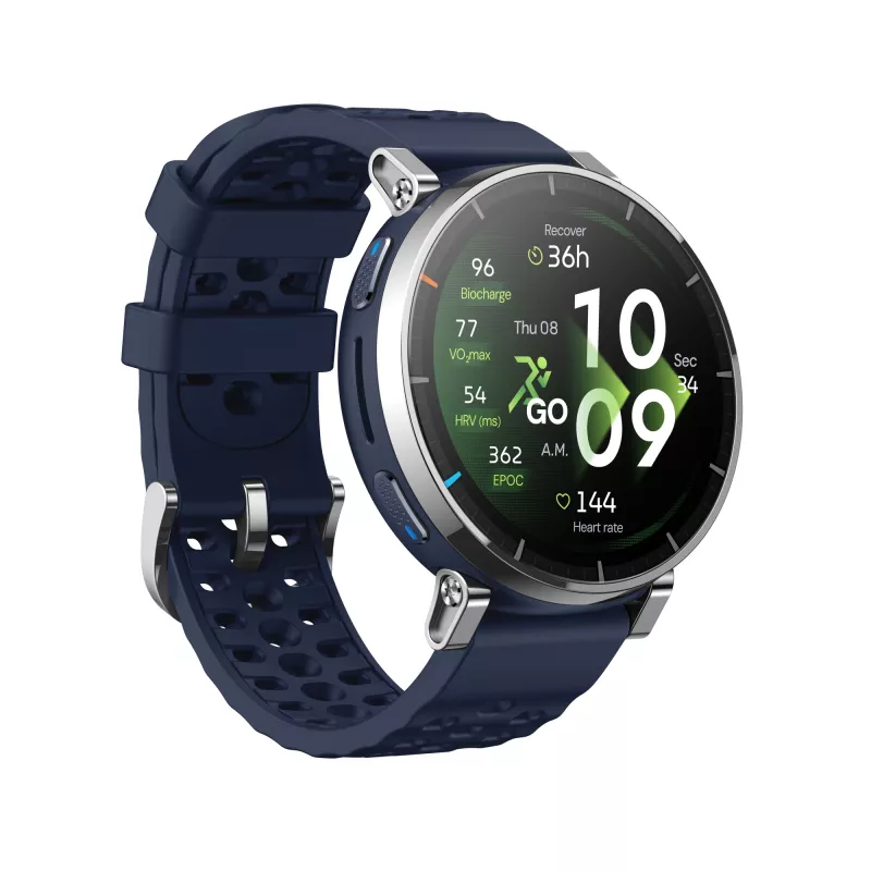 Viedpulkstenis Amazfit W2558GL2N — 1,32 collu (3,35 cm) AMOLED 466×466 px, GPS, 365 mAh, silikona siksniņa (zila)