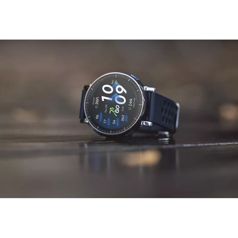 Viedpulkstenis Amazfit W2558GL2N — 1,32 collu (3,35 cm) AMOLED 466×466 px, GPS, 365 mAh, silikona siksniņa (zila)