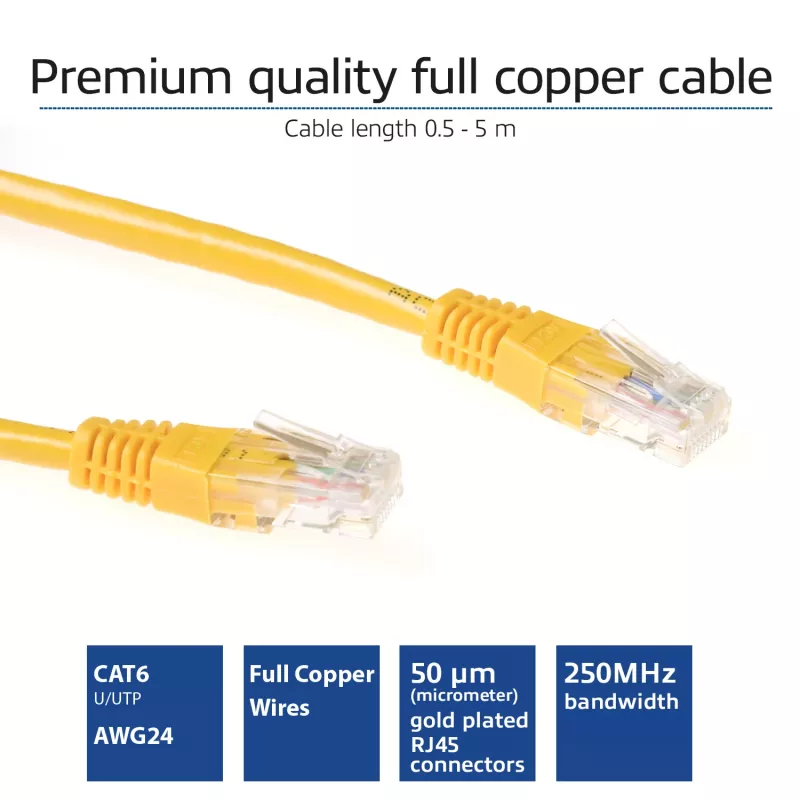 ACT dzeltens 5 m U/UTP CAT6 savienojuma kabelis ar RJ45 savienotājiem