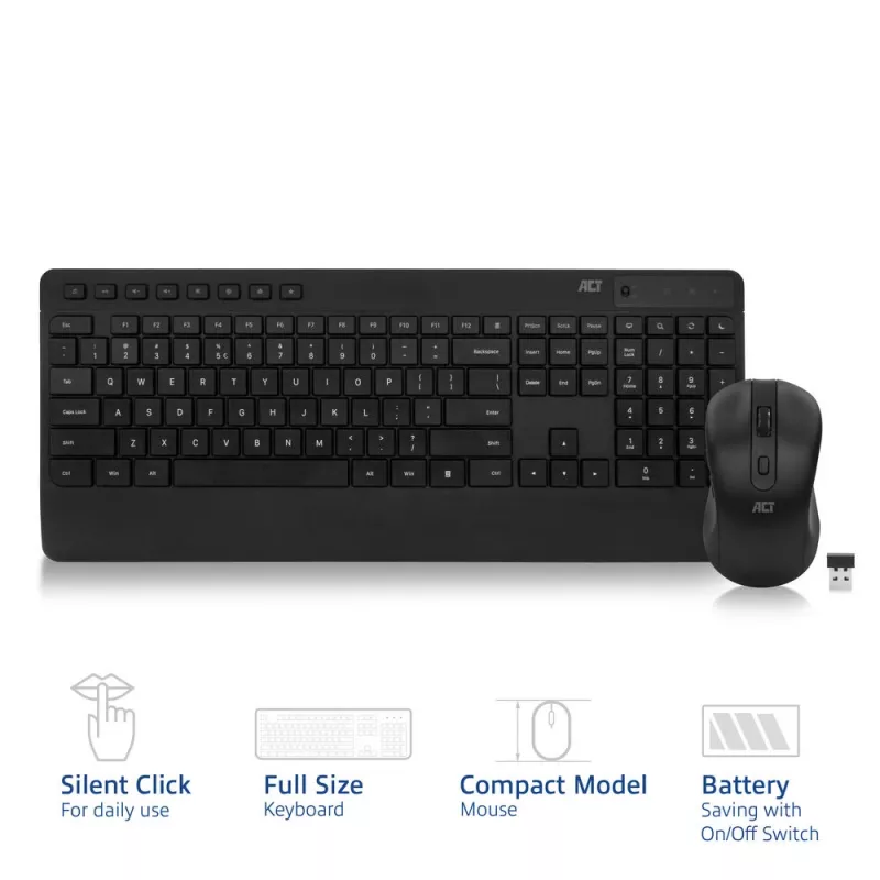 ACT bezvadu tastatūras un peles komplekts (Qwerty), klusa klikšķināšana, videi draudzīgs, izgatavots no pārstrādātiem materiāliem