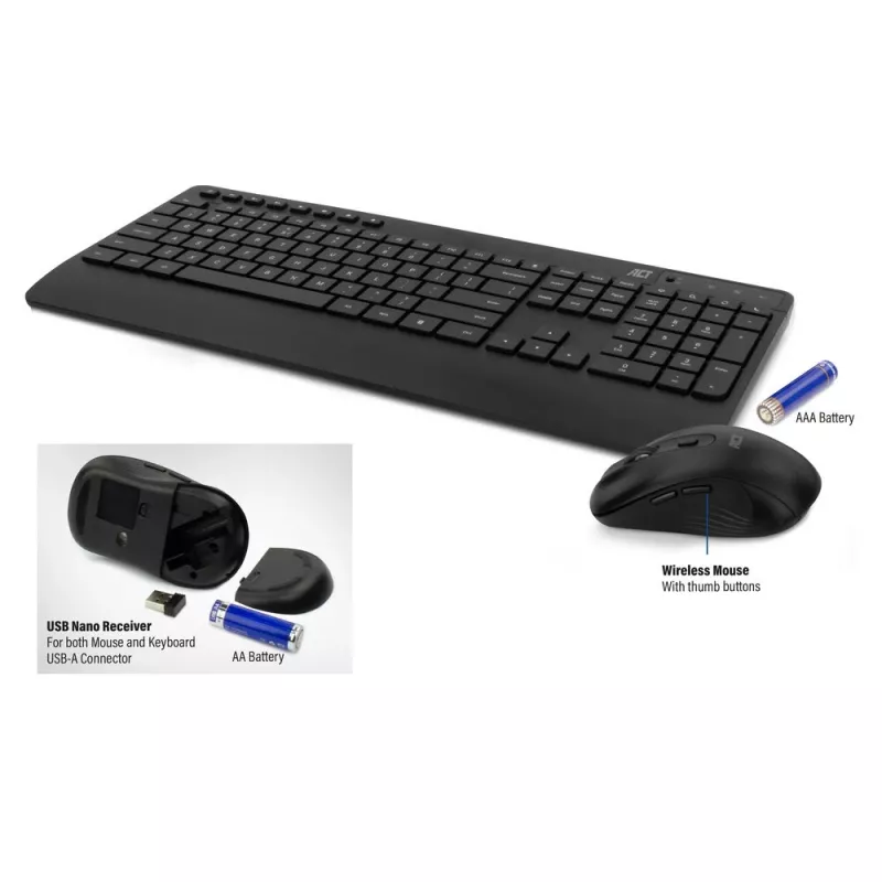 ACT bezvadu tastatūras un peles komplekts (Qwerty), klusa klikšķināšana, videi draudzīgs, izgatavots no pārstrādātiem materiāliem