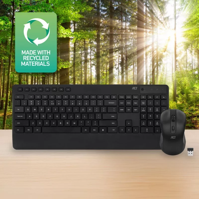 ACT bezvadu tastatūras un peles komplekts (Qwerty), klusa klikšķināšana, videi draudzīgs, izgatavots no pārstrādātiem materiāliem