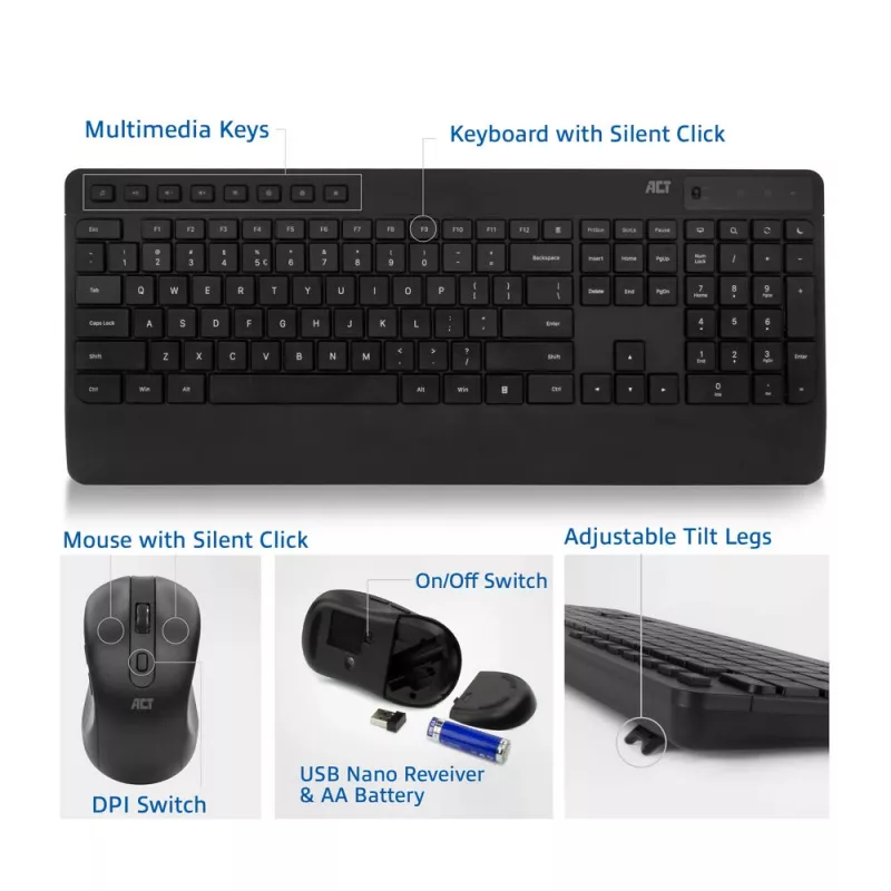 ACT bezvadu tastatūras un peles komplekts (Qwerty), klusa klikšķināšana, videi draudzīgs, izgatavots no pārstrādātiem materiāliem