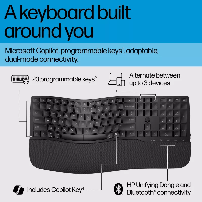 HP 680 Comfort Dual-Mode tastatūra, pilnizmēra (100%), bezvadu, RF bezvadu + Bluetooth, QWERTY, melna