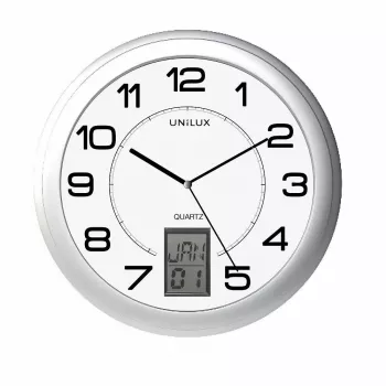 Sienas/galda pulkstenis Unilux 100340853 — kvarca, apaļš, metāliski sudrabots, Ø 31 cm, baterijas AA/AAA