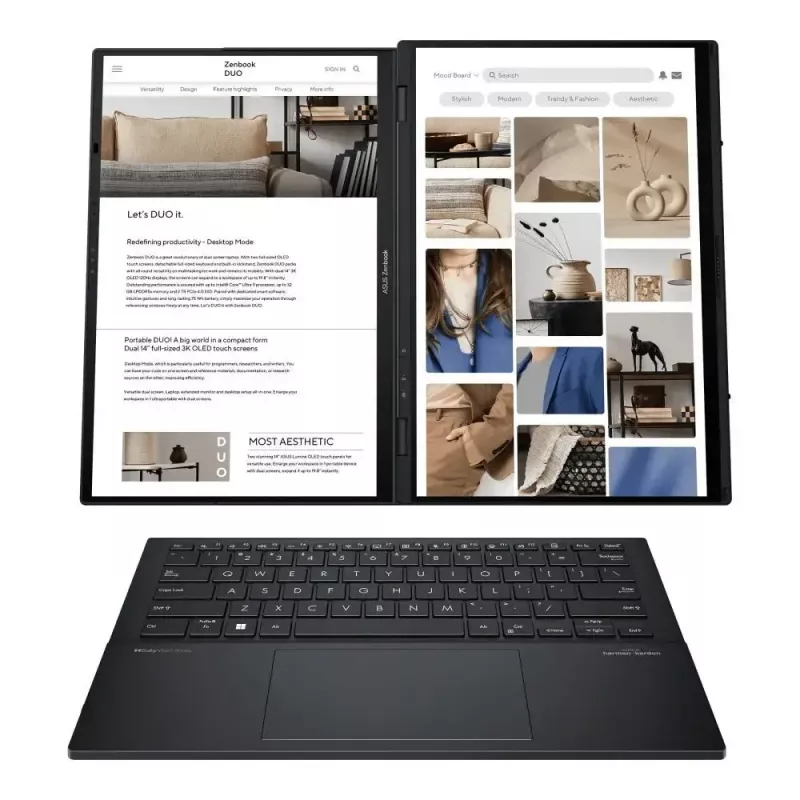 Klēpjdators ASUS Zenbook Duo UX8406CA-QL121W — Ultra 7 2x14,0 collu OLED FHD skārienjūtīgs 60Hz, 32GB LPDDR5X, 1TB SSD, Intel Arc, 75WHr, kamera 1080p