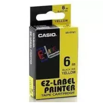 Lentu kasetne CASIO XR-6YW1 — 6 mm x 8 m, melns teksts uz dzeltena, melna kasetne