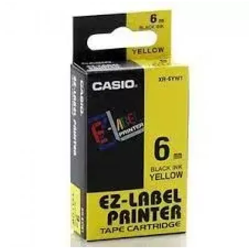 Lentu kasetne CASIO XR-6YW1 — 6 mm x 8 m, melns teksts uz dzeltena, melna kasetne