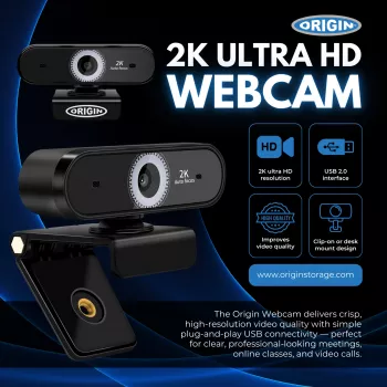 Origin Storage USB tīmekļa kamera 2K Full HD, 5 MP, 2592 x 1944 pikseļi, 2K Ultra HD, 60 kadri/s, 10x, USB 2.0