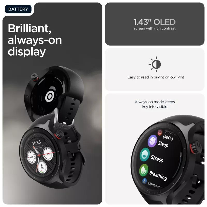 Motorola Moto Watch 3,63 cm (1,43 collas) OLED 47 mm digitāls skārienjūtīgs Melns GPS (satelīta)