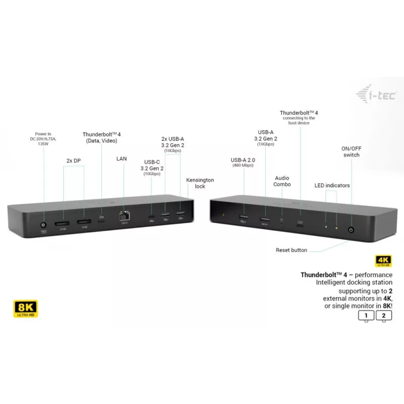 i-tec Thunderbolt 4 Intelligent Dual Display Docking Station + Power Delivery 90W