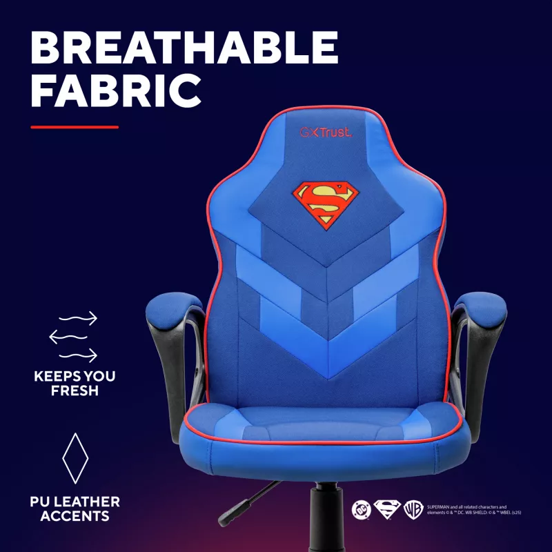 Spēļu krēsls TRUST GXT 703SM REVVO Kids Superman Blue – bērnu spēļu krēsls, ergonomiska konstrukcija, regulējamas funkcijas