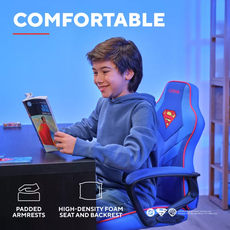 Spēļu krēsls TRUST GXT 703SM REVVO Kids Superman Blue – bērnu spēļu krēsls, ergonomiska konstrukcija, regulējamas funkcijas